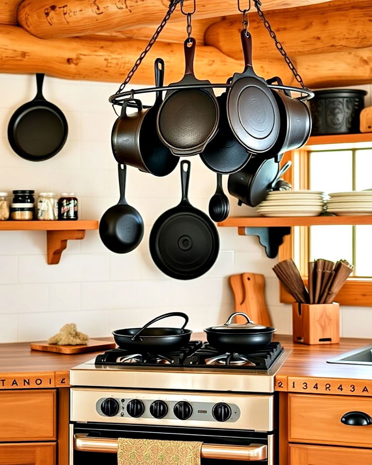 log cabin kitchen with cast iron accents
