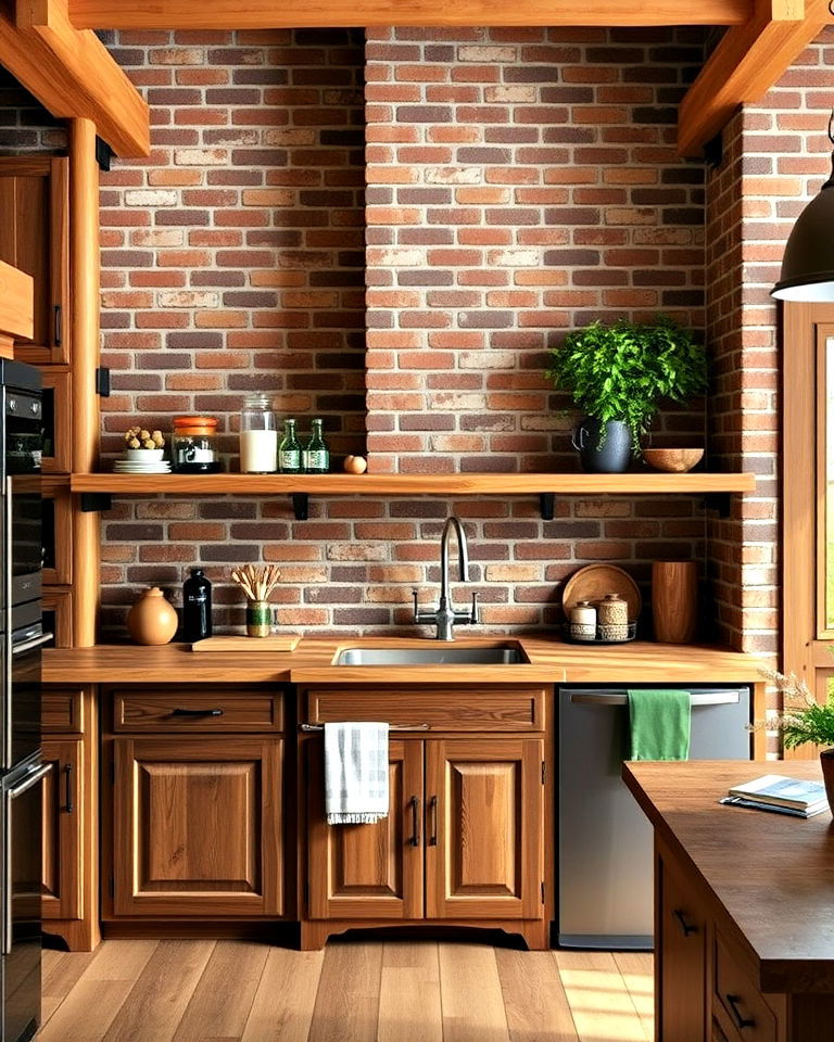 log cabin kitchen with exposed brick walls