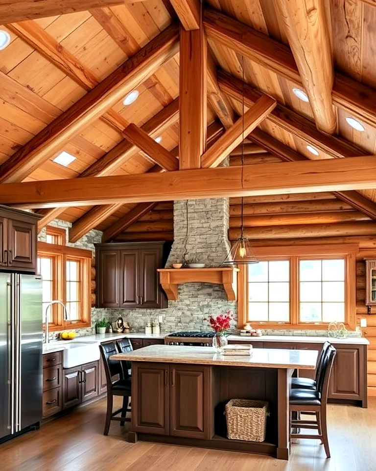 log cabin kitchen with exposed wood beams