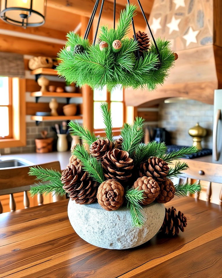 log cabin kitchen with pine cone decor