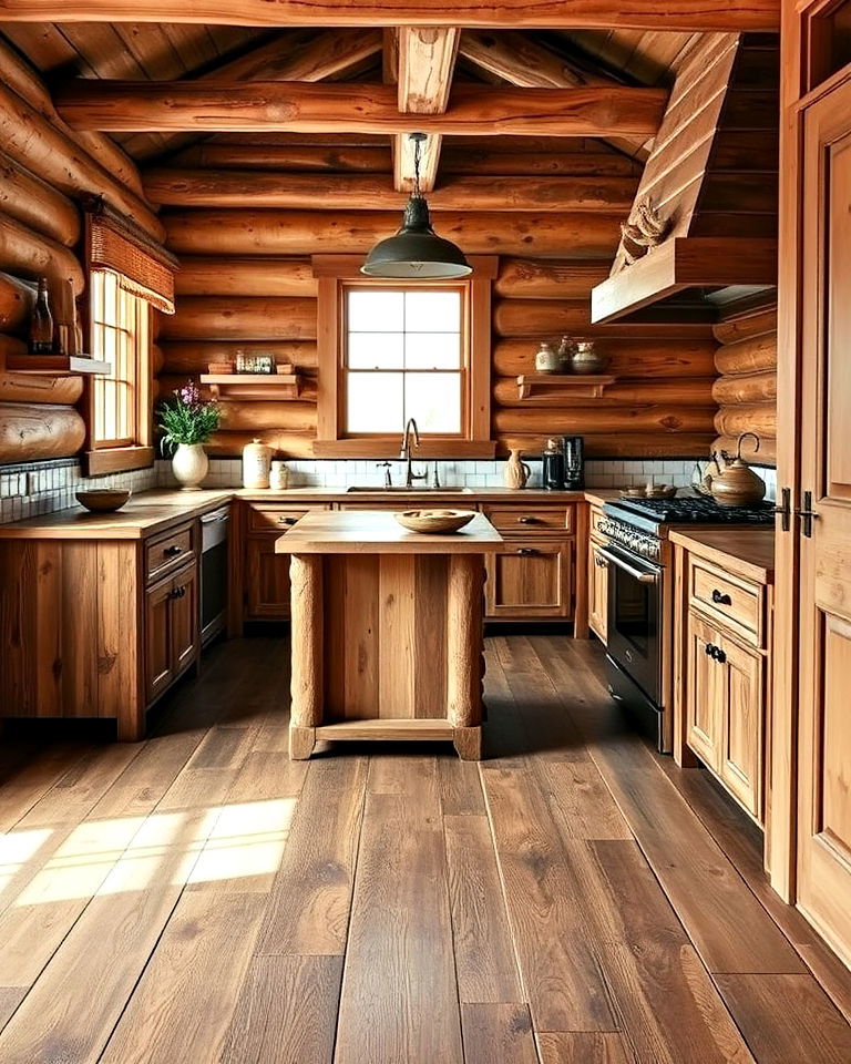 log cabin kitchen with reclaimed wood flooring