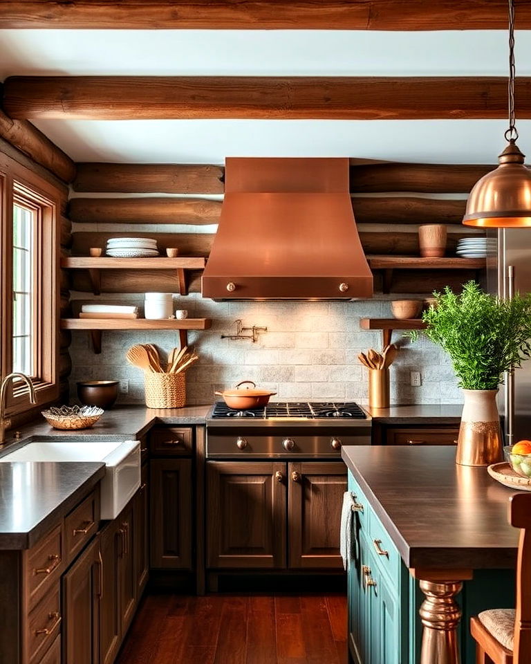log cabin kitchen with rustic copper accents