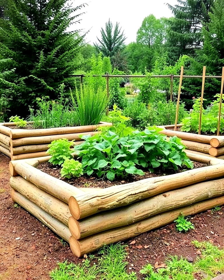 log edged raised garden bed for a woodland look