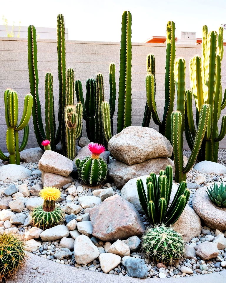 low maintenance patio garden with a mix of cacti and decorative rocks