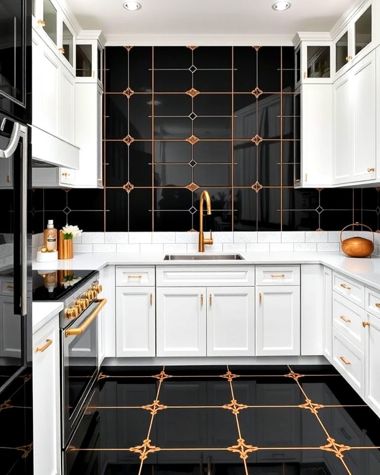luxurious black and gold geometric kitchen floor