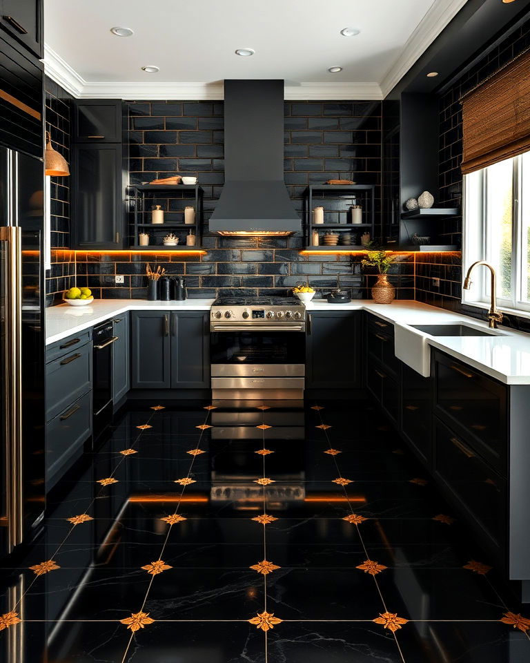 luxurious black and gold tiled kitchen flooring