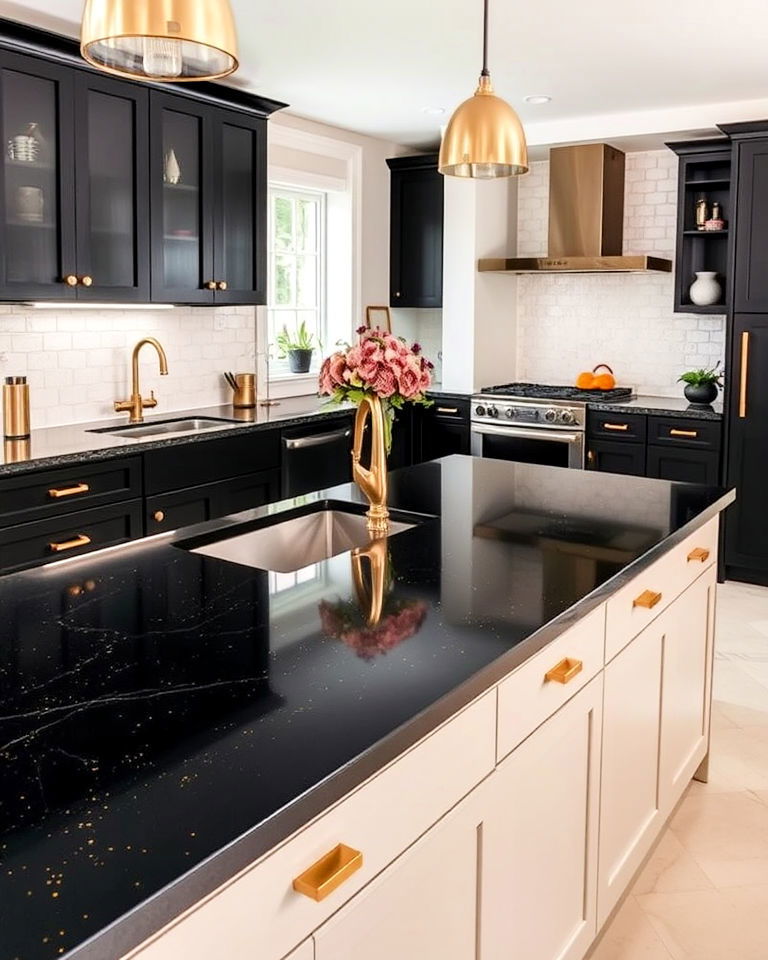 luxurious black countertops with subtle gold flecks