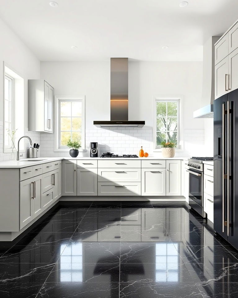 luxurious black granite tiled kitchen floor