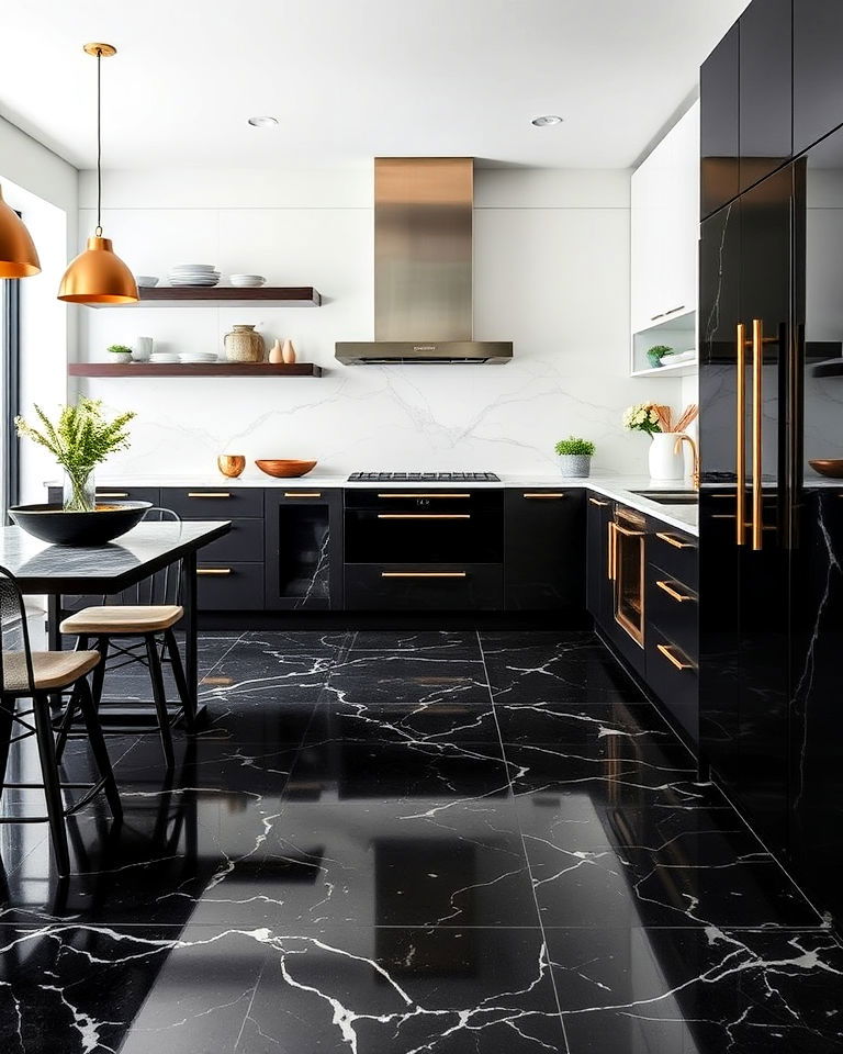 luxurious black marble kitchen flooring with veining