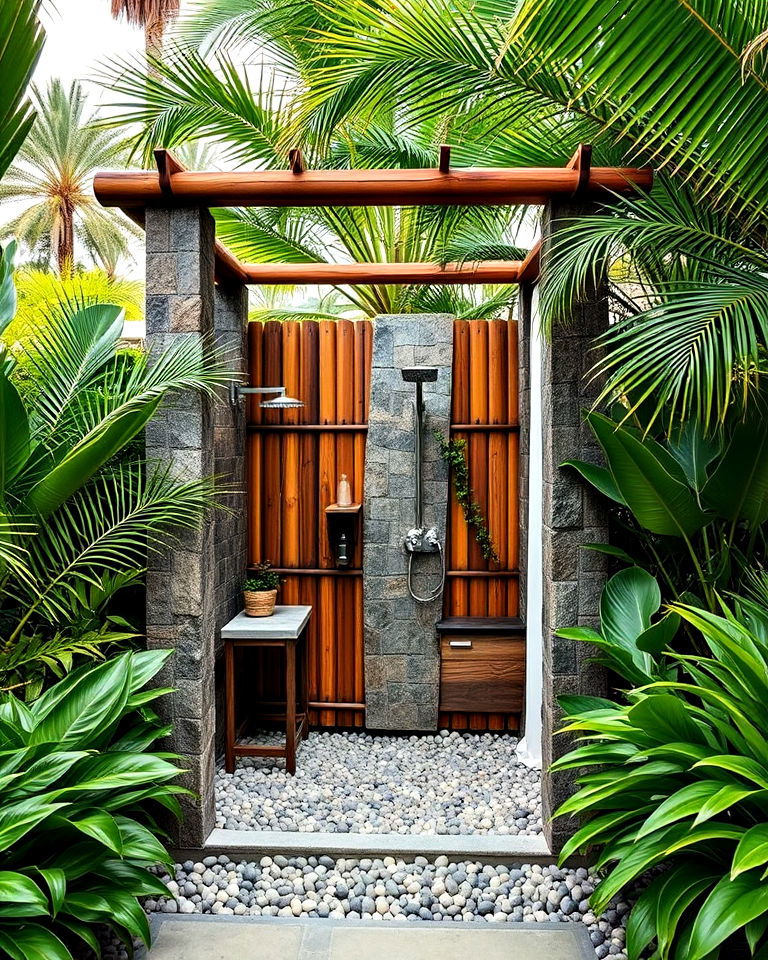 luxurious outdoor showers with tropical plants