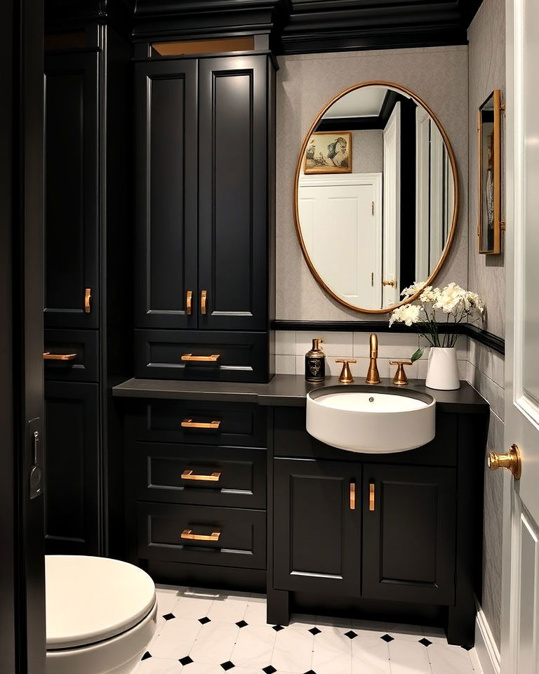 luxury gold hardware on black cabinetry