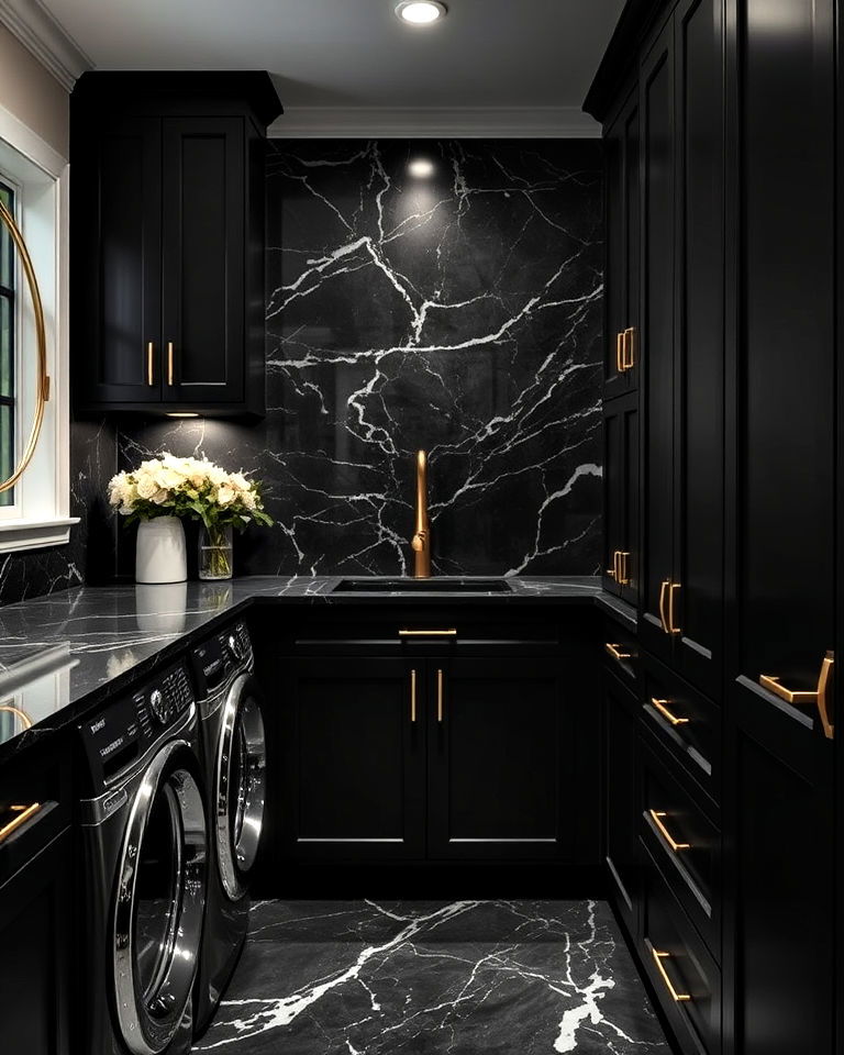 luxury laundry with dark marble