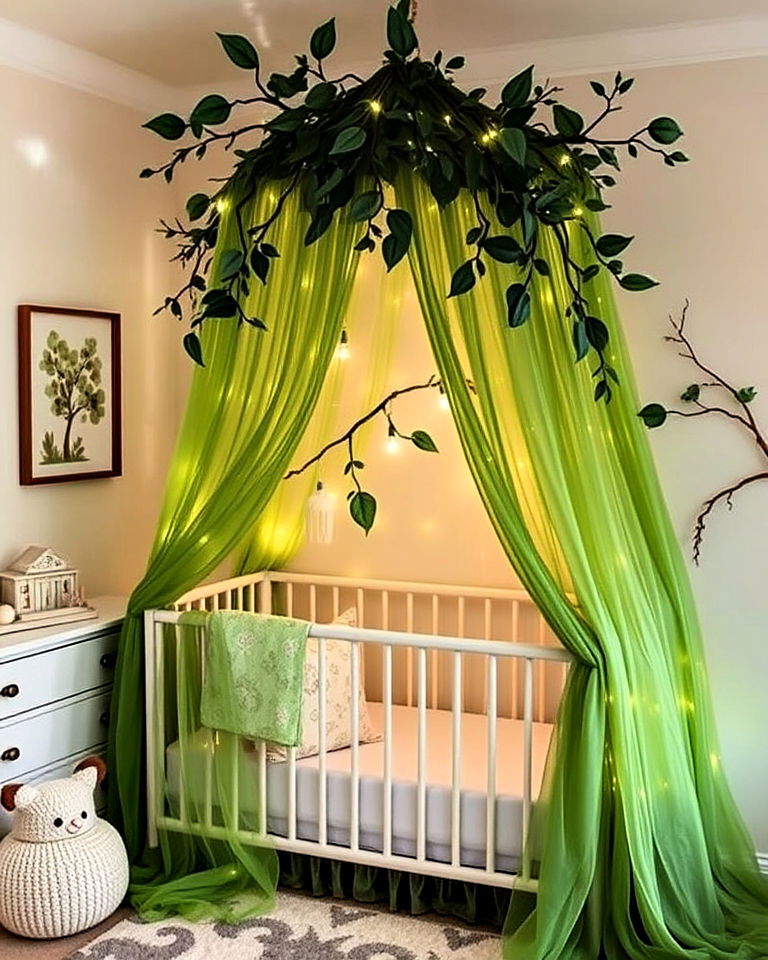 magical forest canopy draped over the crib