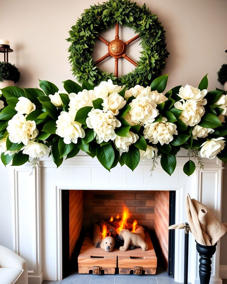 magnolia and hydrangea garland for mantel