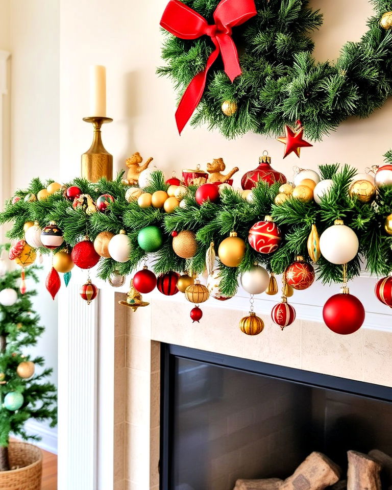 mantel garland with vintage ornaments