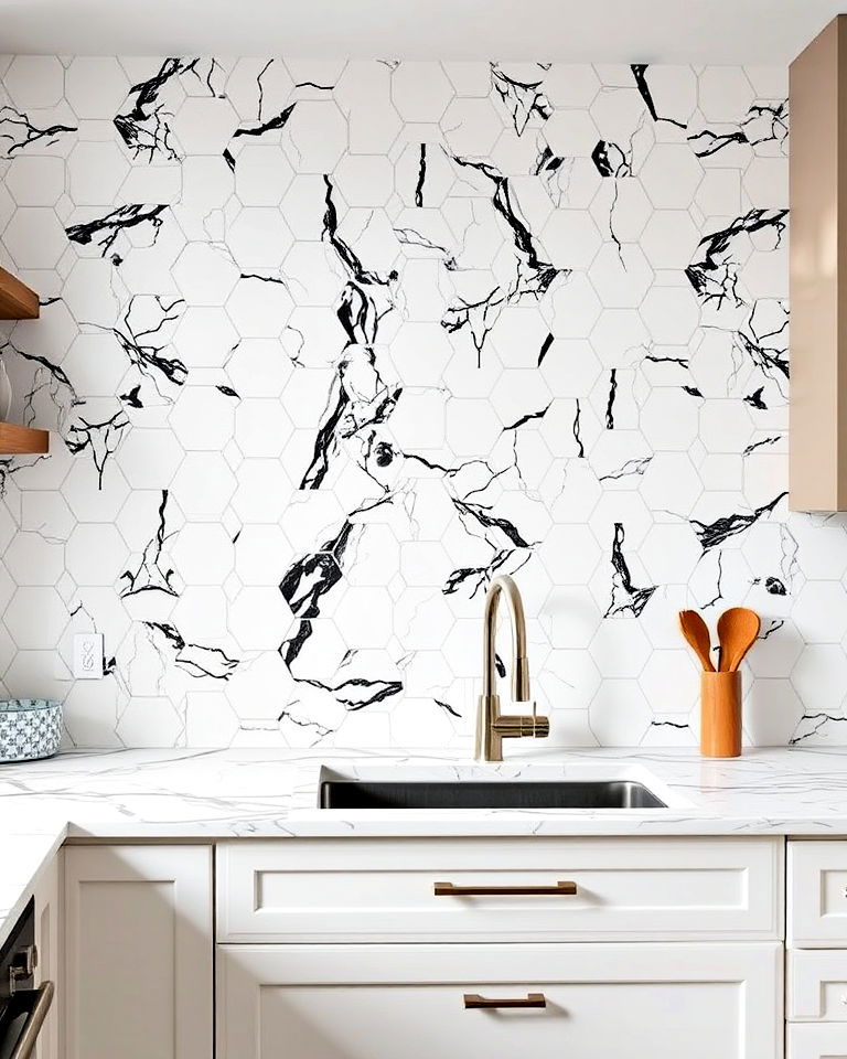 marble hexagons with black and white veins backsplash