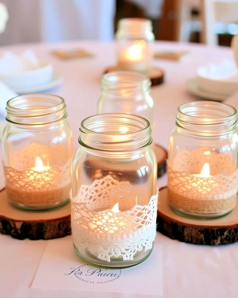 mason jar candle holders with lace wraps