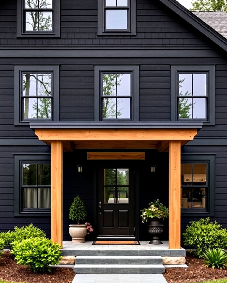 matte black siding with light oak features