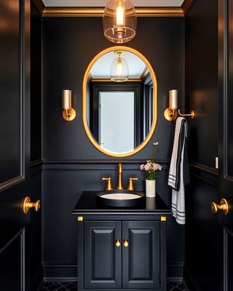 matte black walls with gold trim powder room