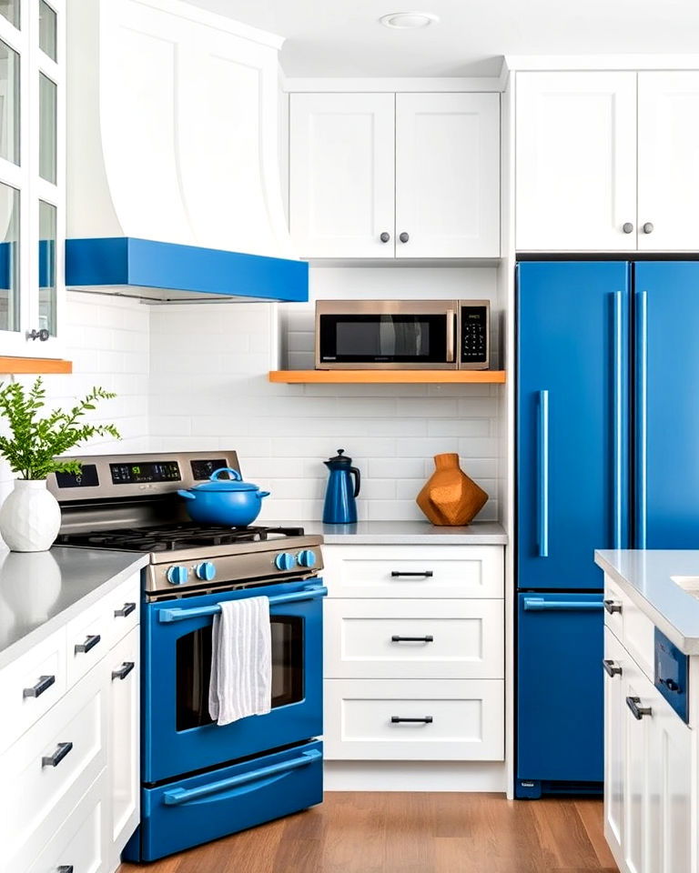 matte blue kitchen appliances with white cabinets