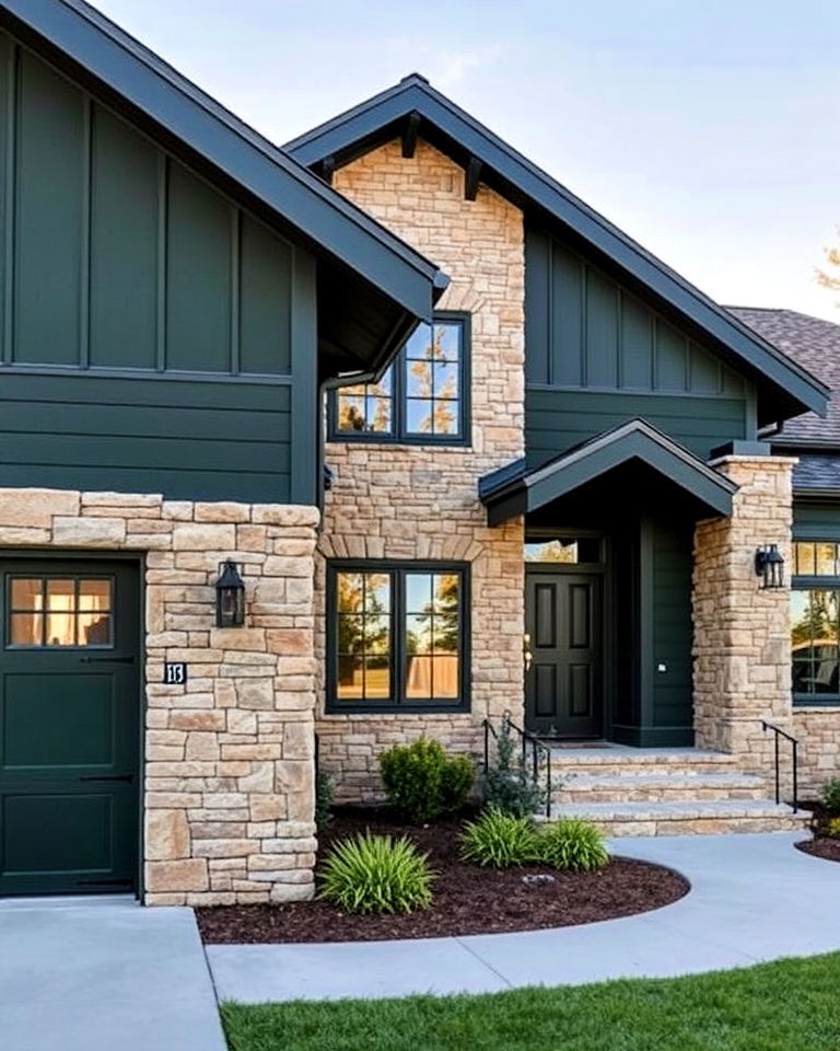 matte dark green exterior with natural stone accents