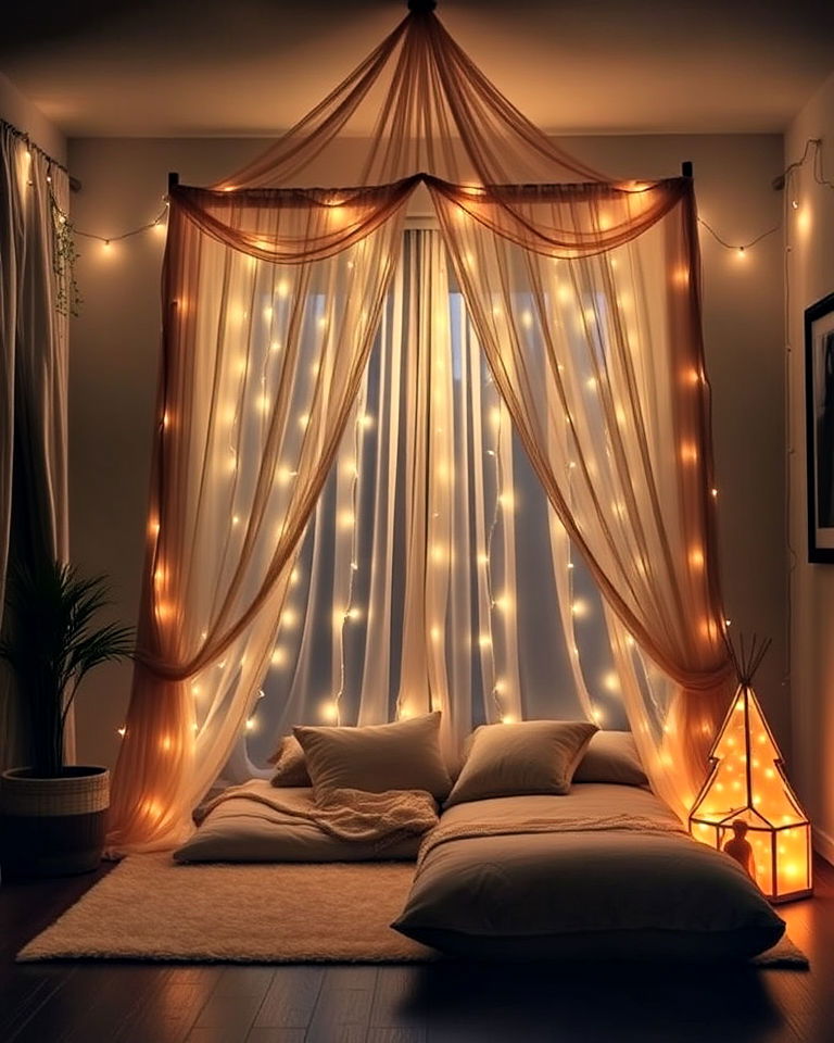 meditation space with string light for a soft glow
