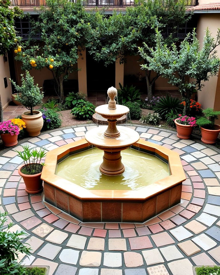 mediterranean courtyard with central fountain