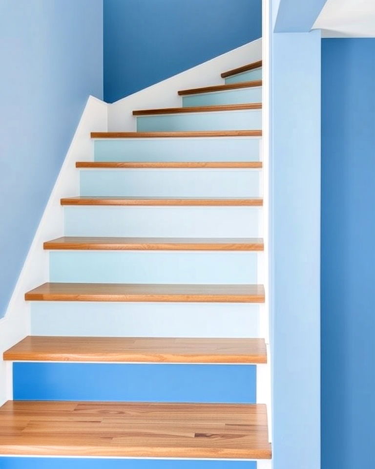 mediterranean inspired blue toned stair riser