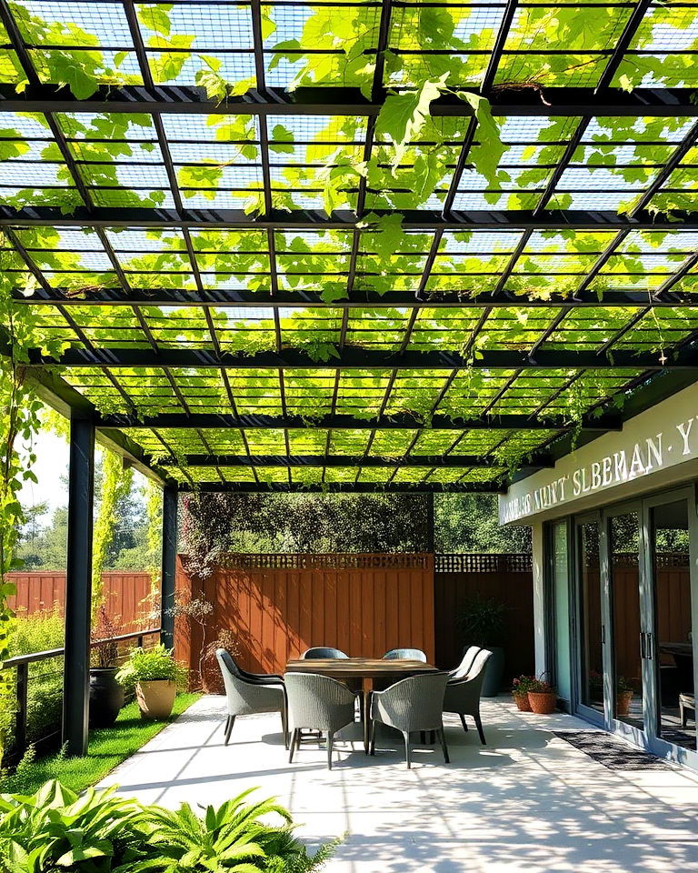 metal grid pergola roof with lush vines