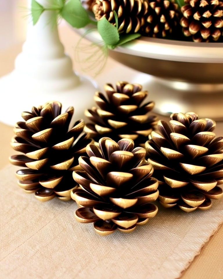 metallic painted pinecones for a thanksgiving table decor