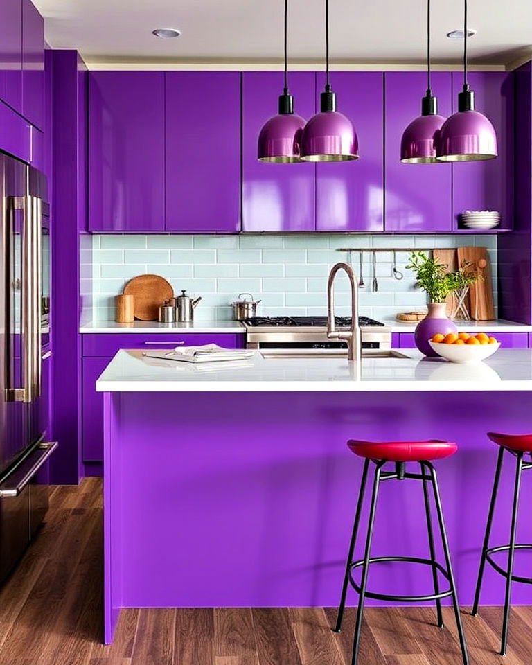 metallic purple accents for loft style kitchens