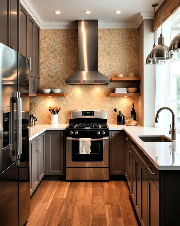 metallic wallpaper accents kitchen