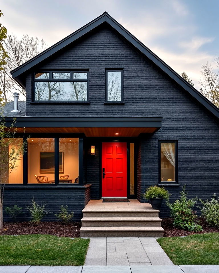 mid century modern revival black brick exterior house