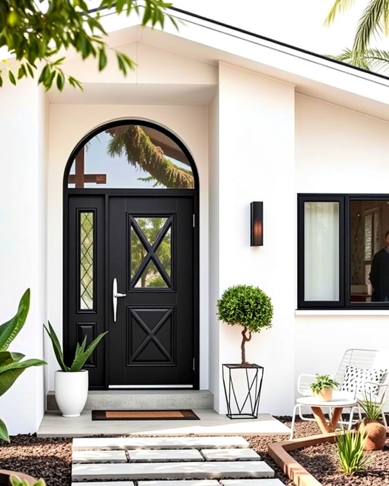 mid century modern white exterior with black door