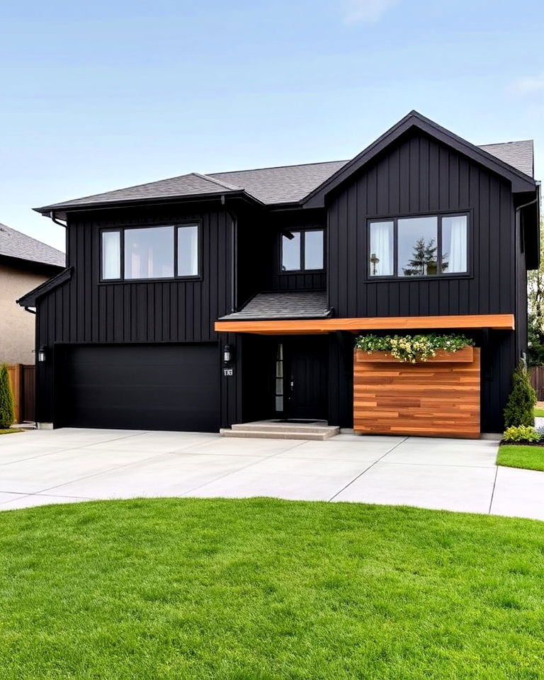midnight black house with driftwood details