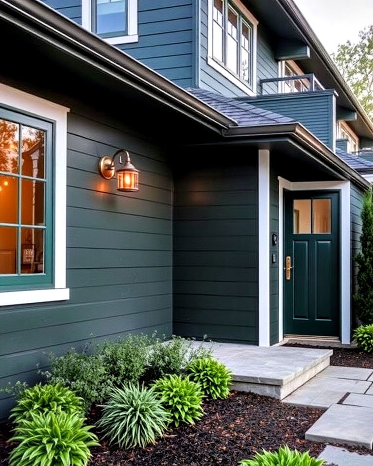midnight green exterior walls with bronze fixtures