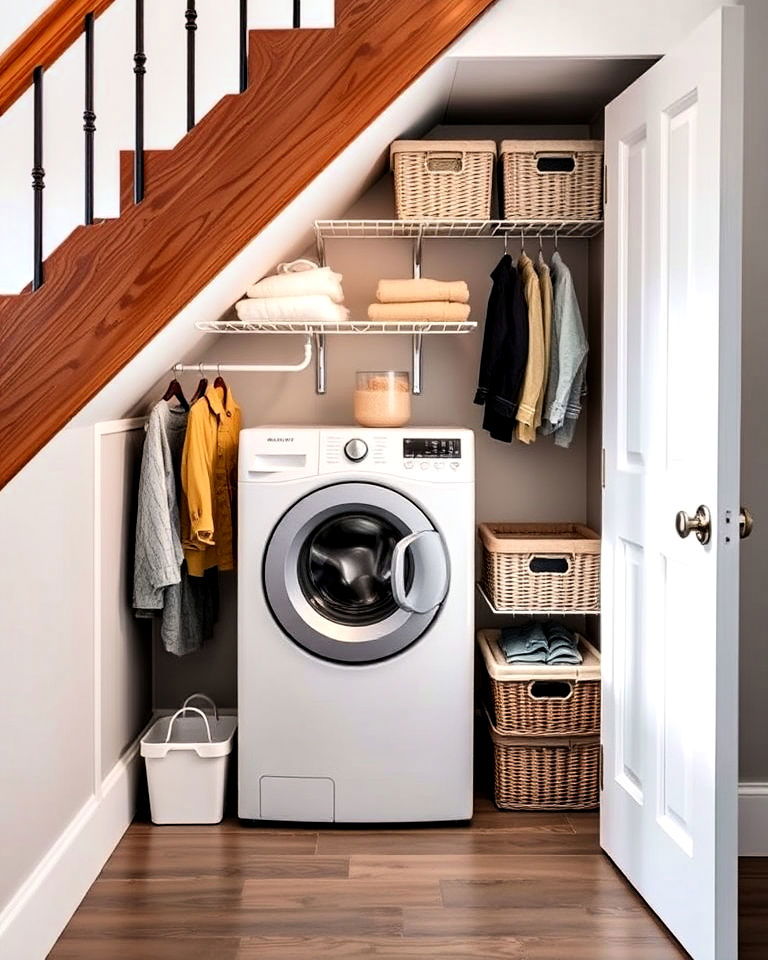 mini laundry station under the stairs