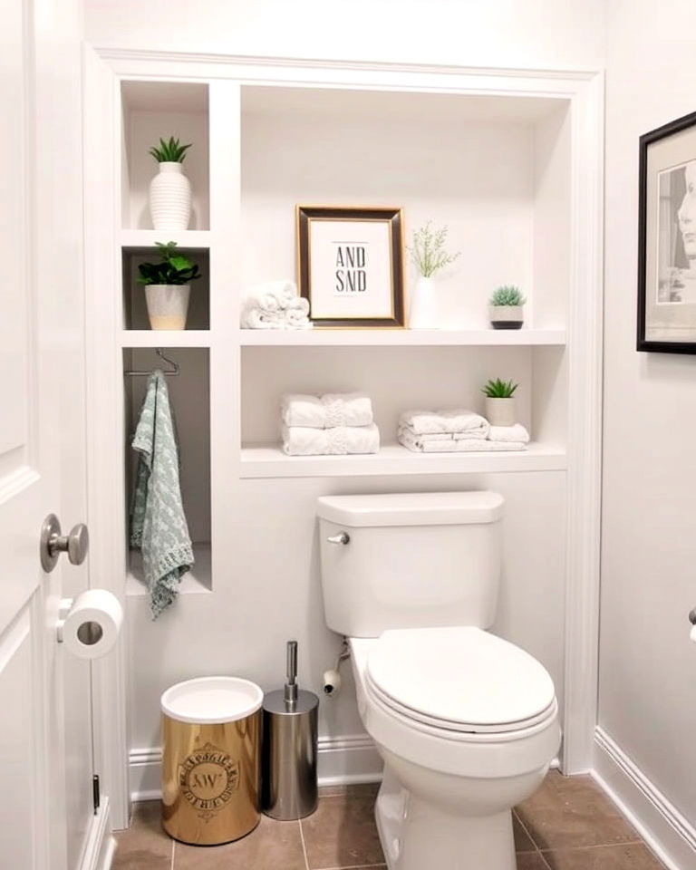 minimalist built in nook above the toilet