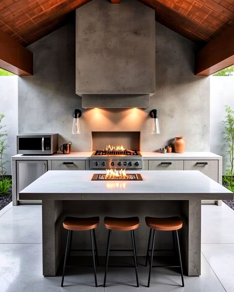 minimalist concrete kitchen with built in fire feature