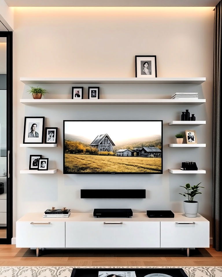 minimalist floating shelves for tv room