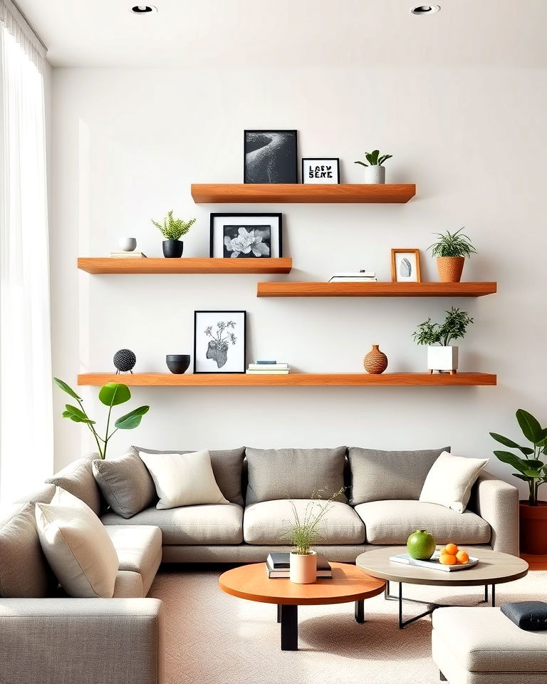minimalist floating shelves with natural finishes