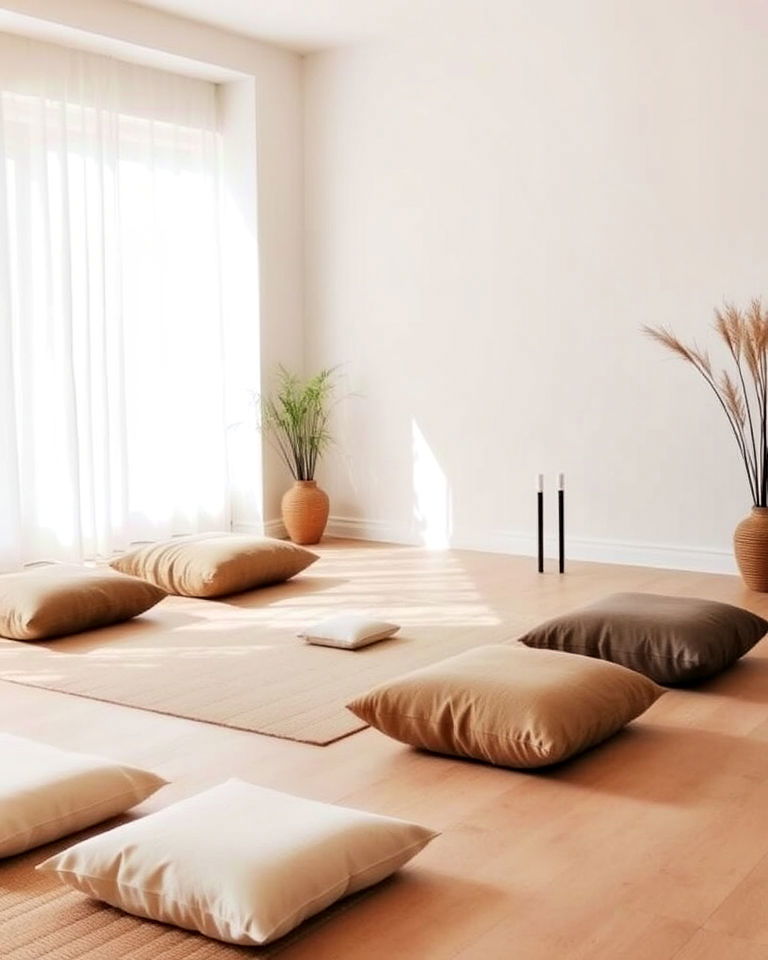 minimalist meditation room with floor cushions