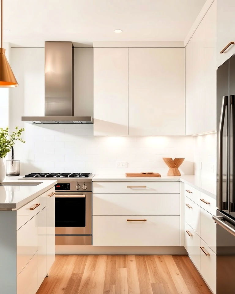 minimalist slab off white kitchen cabinets
