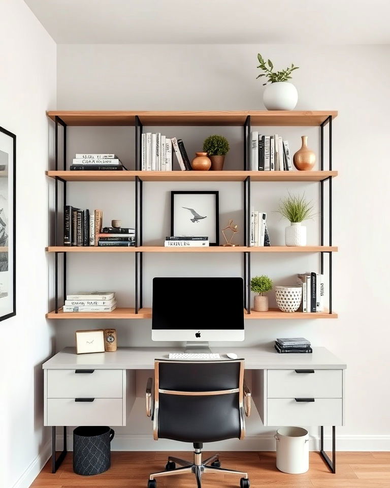minimalist therapist office shelving