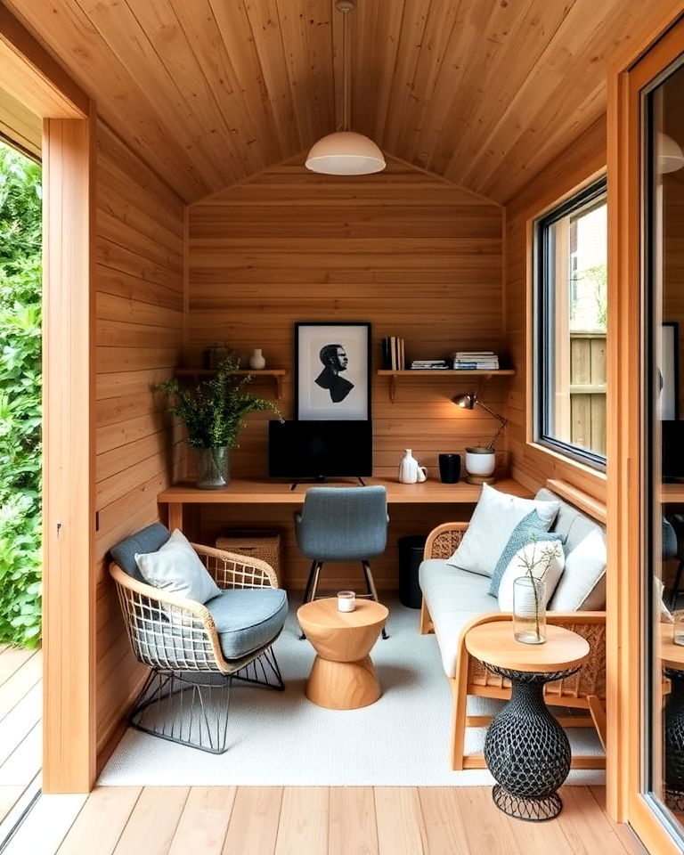 minimalist wooden pod office