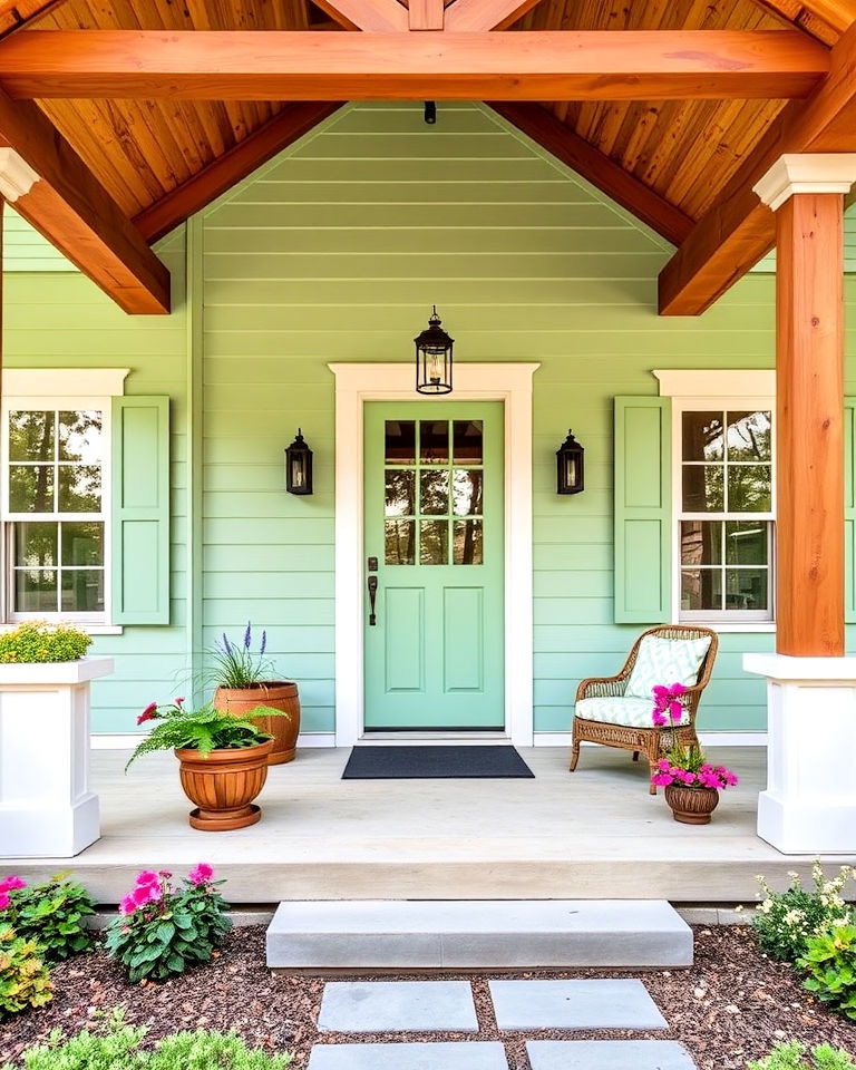 mint green farmhouse exterior with warm wood tones