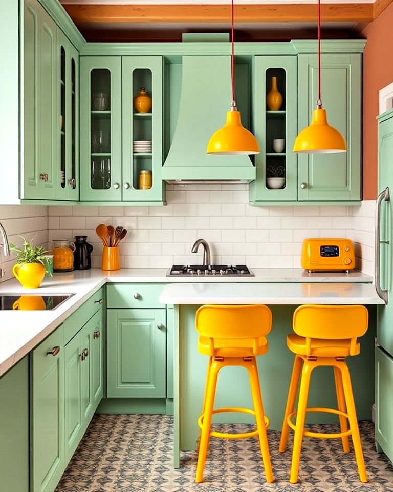 mint green kitchen cabinets and mustard yellow accessories