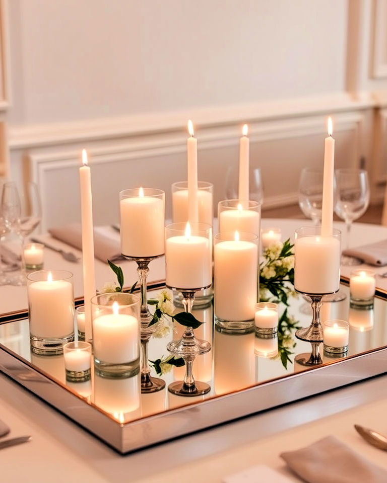 mirror tray with mixed candle sizes