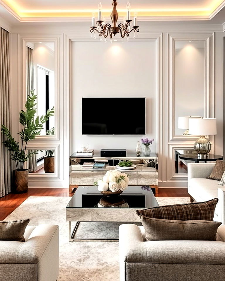 mirrored accents in tv room for depth and light