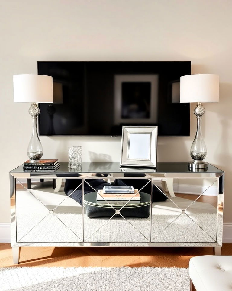 mirrored decor items for the tv console